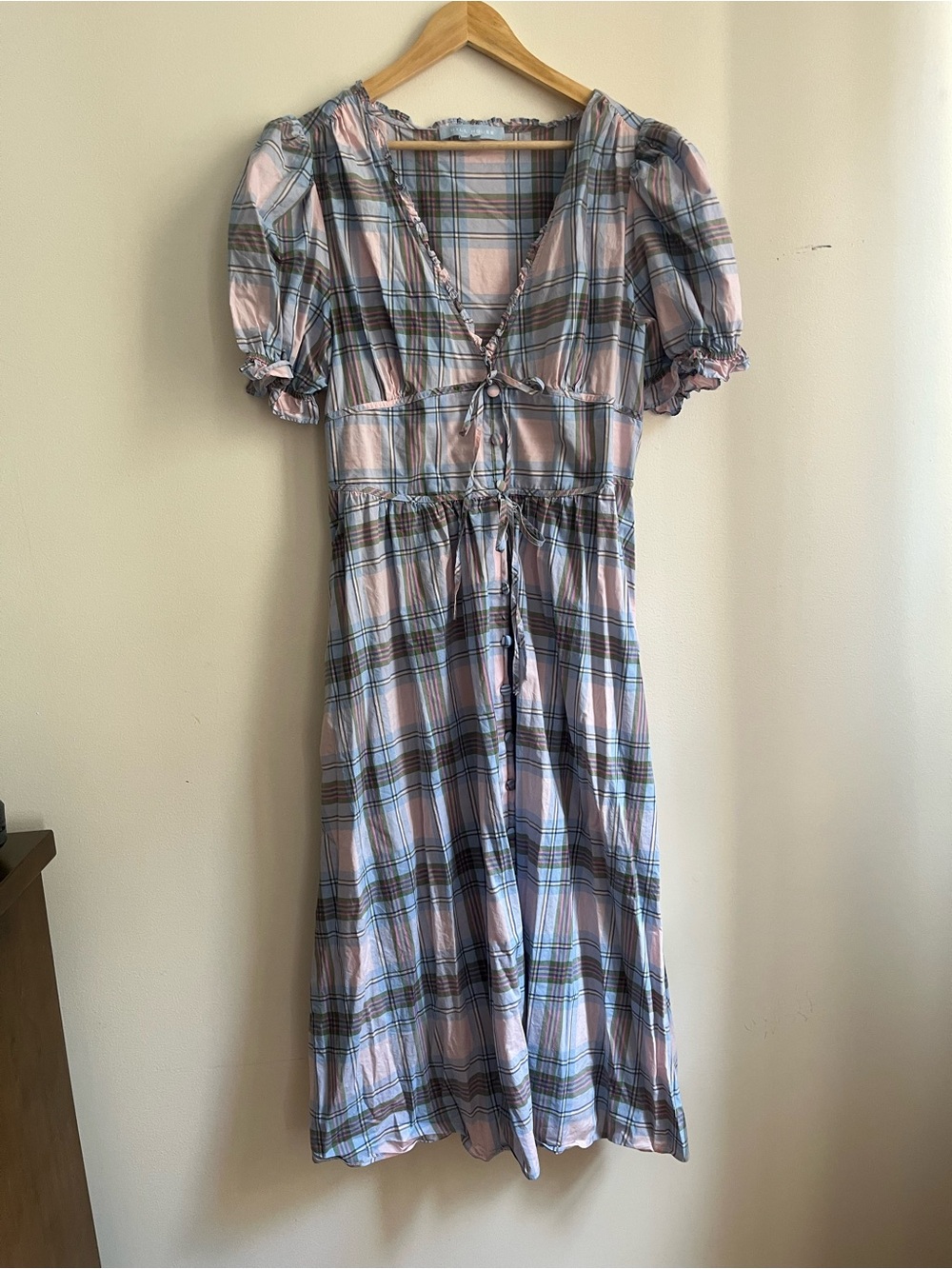 Plaid Puff-Sleeve Midi Dress in Pastel Pink and Blue hill house home - Picture 3 of 6